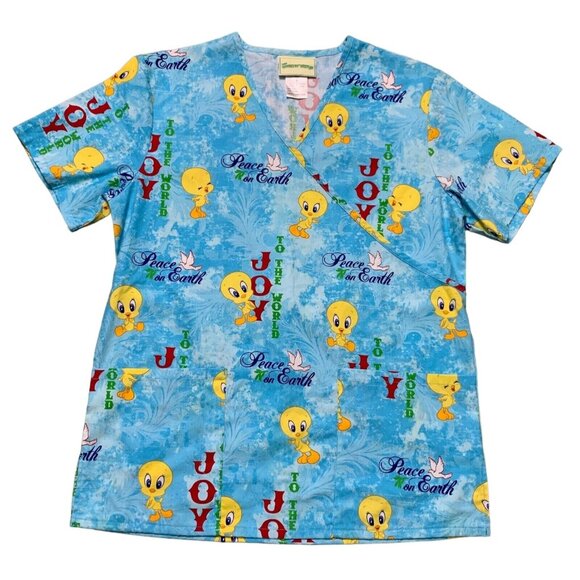 Looney Tunes Tweety Christmas Scrub Top Size S Blue Cartoon Print V-Neck Holiday - Picture 5 of 16